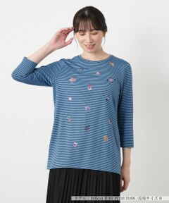 Leilian / レリアン カットソー | 刺繍ボーダークルーネックカットソー