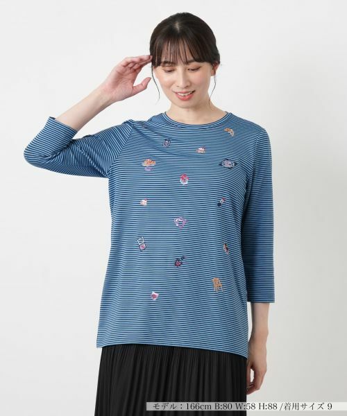 Leilian / レリアン カットソー | 刺繍ボーダークルーネックカットソー(コバルトブルー)
