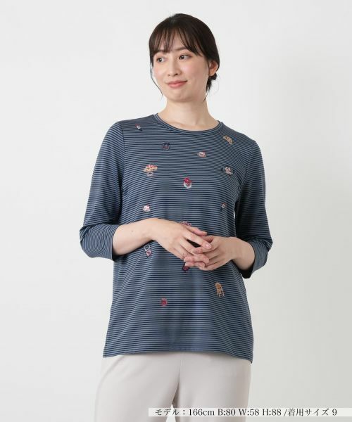Leilian / レリアン カットソー | 刺繍ボーダークルーネックカットソー(ブルー系)