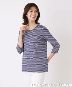 ＊＊Leilian__ / レリアン カットソー | 刺繍七分袖ボーダーカットソー