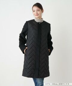 キルティング切替ノーカラーコート