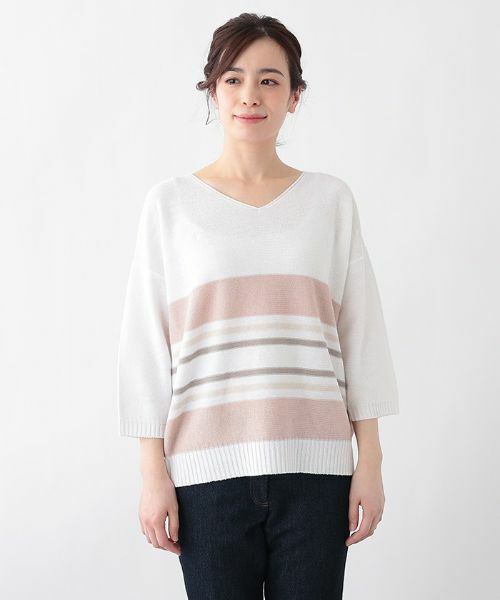 Leilian PLUS HOUSE / レリアンプラスハウス ニット・セーター | 配色ボーダーVネックニットプルオーバー【LE TRICOT PERUGIA】 | 詳細1