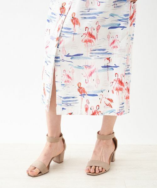 Leilian PLUS HOUSE / レリアンプラスハウス ミニ・ひざ丈スカート | スリット入りフラミンゴ柄タイトスカート | 詳細9
