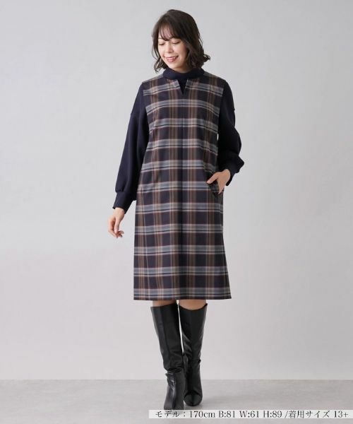 Leilian PLUS HOUSE / レリアンプラスハウス ロング・マキシ丈ワンピース | チェック柄キーネックジャンパースカート | 詳細1
