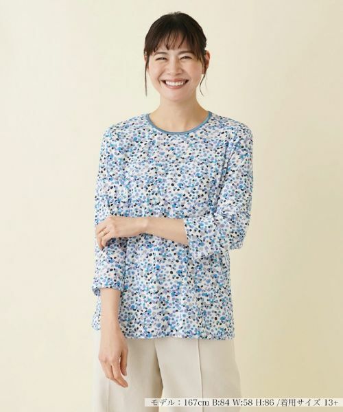 Leilian PLUS HOUSE/レリアンプラスハウス 【店舗人気】ドットプリント7分袖カットソー スカイブルー 17+ Leilian PLUS HOUSE/レリアンプラスハウス 【店舗人気】ドットプリント7分袖カットソー スカイブルー 17+