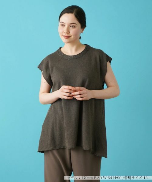 Leilian PLUS HOUSE/レリアンプラスハウス フレンチスリーブニットプルオーバー【LE TRICOT PERUGIA】 ブラウン 13+ Leilian PLUS HOUSE/レリアンプラスハウス フレンチスリーブニットプルオーバー【LE TRICOT PERUGIA】 ブラウン 13+