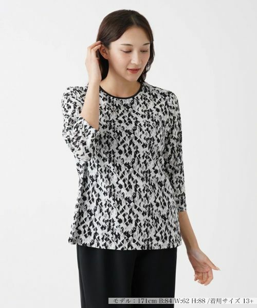 Leilian PLUS HOUSE / レリアンプラスハウス カットソー | ジオメトリック柄カットソー(ライトグレー)