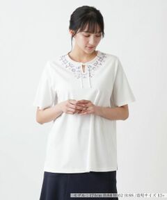 Leilian PLUS HOUSE / レリアンプラスハウス 格子柄プリントカットソー【プラス企画】 店舗人気】レース刺繍七分袖カットソー【Leilian WHITE LABEL