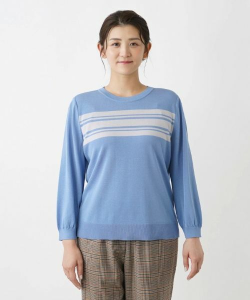 良品☆オブリ ニット クルーネック パフスリーブ くすみブルー 日本製 フリー セール】 クルーネックニットプルオーバー （ニット・セーター