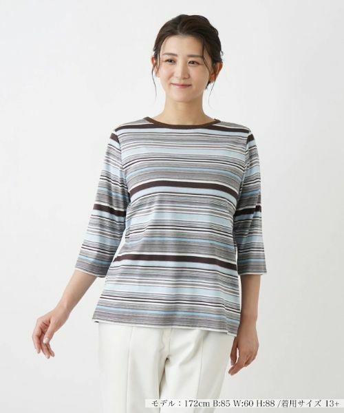 Leilian PLUS HOUSE/レリアンプラスハウス 七分丈ボーダーカットソー【プラス企画】 サックスブルー 15+
