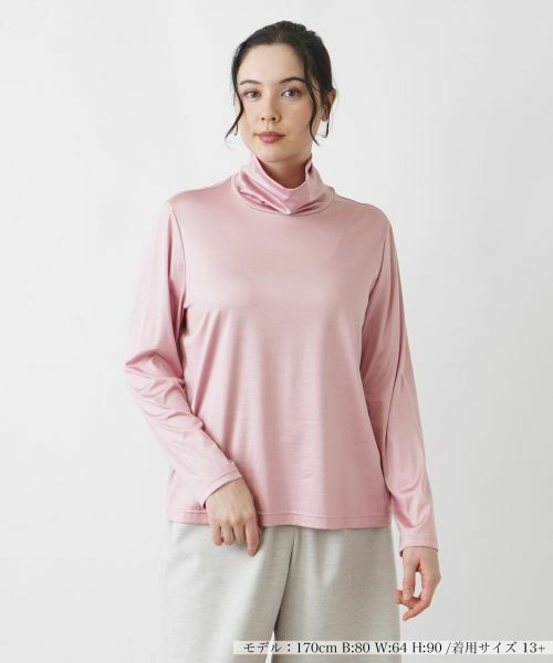 Leilian PLUS HOUSE/レリアンプラスハウス 【店舗人気】ハイネックカットソー【シルク混】 ピンク系 17+ Leilian PLUS HOUSE/レリアンプラスハウス 【店舗人気】ハイネックカットソー【シルク混】 ピンク系 17+
