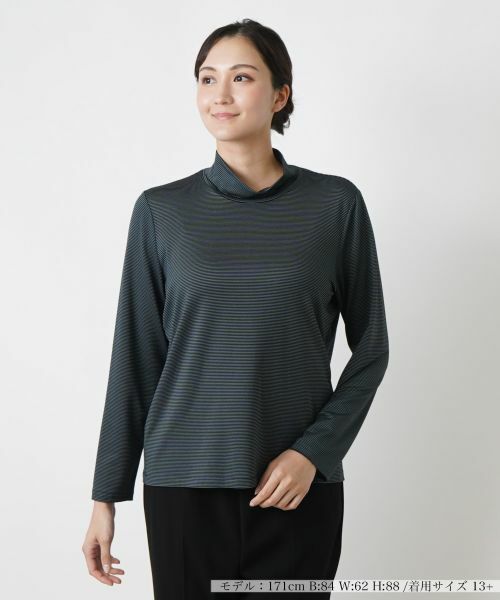 Leilian PLUS HOUSE/レリアンプラスハウス ナローボーダーハイネックカットソー グレー 13+ Leilian PLUS HOUSE/レリアンプラスハウス ナローボーダーハイネックカットソー グレー 13+