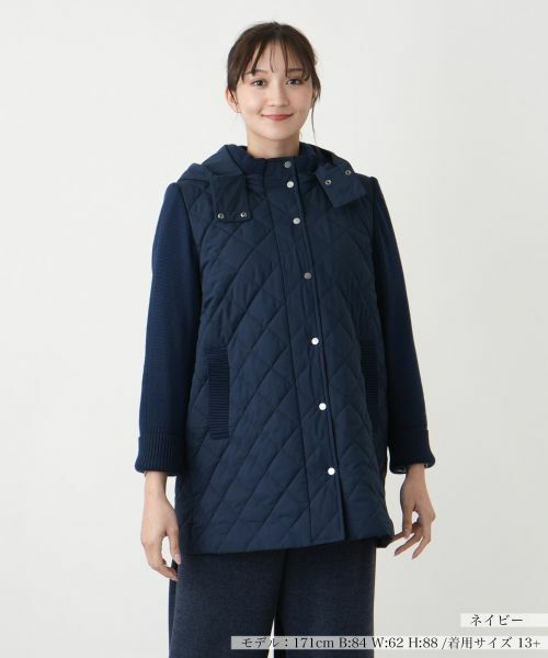 Leilian PLUS HOUSE/レリアンプラスハウス 切替フーデッドコート【Leilian WHITE LABEL】 ネイビー 17+ Leilian PLUS HOUSE/レリアンプラスハウス 切替フーデッドコート【Leilian WHITE LABEL】 ネイビー 17+
