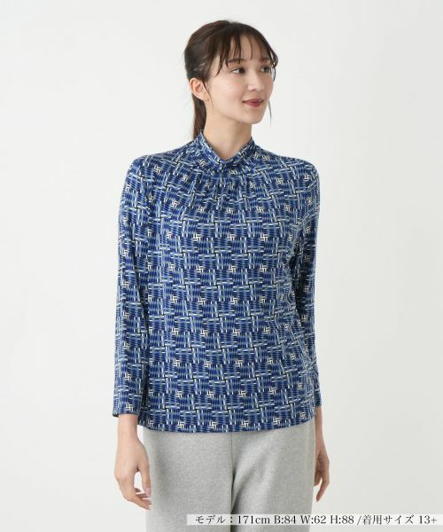 Leilian PLUS HOUSE/レリアンプラスハウス 【店舗人気】幾何学柄ハイネックカットソー【Leilian WHITE LABEL】 セルリアンブルー 17+