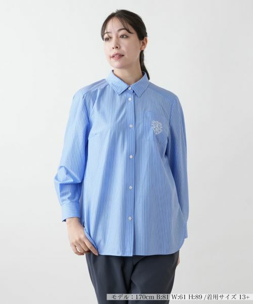 Leilian PLUS HOUSE/レリアンプラスハウス 【店舗人気】刺繍ストライプシャツ ロイヤルブルー 13+ Leilian PLUS HOUSE/レリアンプラスハウス 【店舗人気】刺繍ストライプシャツ ロイヤルブルー 13+