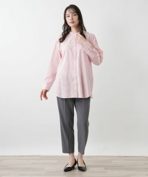 Leilian PLUS HOUSE / レリアンプラスハウス シャツ・ブラウス | 【店舗人気】スタンドカラーストライプシャツ【プラス企画】 | 詳細1