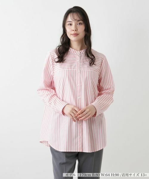 Leilian PLUS HOUSE/レリアンプラスハウス 【店舗人気】スタンドカラーストライプシャツ【プラス企画】 オレンジ系 13+ Leilian PLUS HOUSE/レリアンプラスハウス 【店舗人気】スタンドカラーストライプシャツ【プラス企画】 オレンジ系 13+