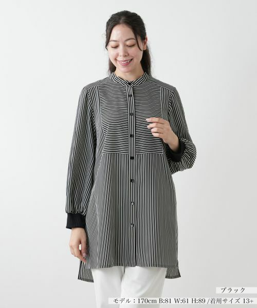 Leilian PLUS HOUSE/レリアンプラスハウス 【店舗人気】バンドカラーブラウス【プラス企画】 ブラック 13+ Leilian PLUS HOUSE/レリアンプラスハウス 【店舗人気】バンドカラーブラウス【プラス企画】 ブラック 13+