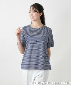 Leilian PLUS HOUSE / レリアンプラスハウス カットソー | 【店舗人気】ナローボーダー刺繍Tシャツ