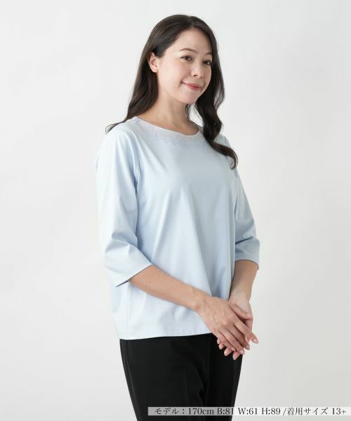 Leilian PLUS HOUSE/レリアンプラスハウス 【店舗人気】刺繍クルーネックカットソー【Leilian WHITE LABEL】 サックスブルー 13+