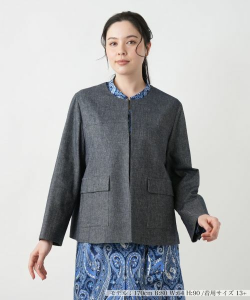 Leilian PLUS HOUSE/レリアンプラスハウス ノーカラージャケット【Leilian WHITE LABEL】 ネイビー系 13+ Leilian PLUS HOUSE/レリアンプラスハウス ノーカラージャケット【Leilian WHITE LABEL】 ネイビー系 13+