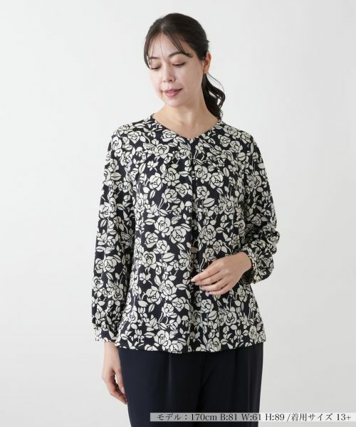 Leilian PLUS HOUSE/レリアンプラスハウス 【店舗人気】プリントタックブラウス【ROCHAS Premiere】 ブラック 13+