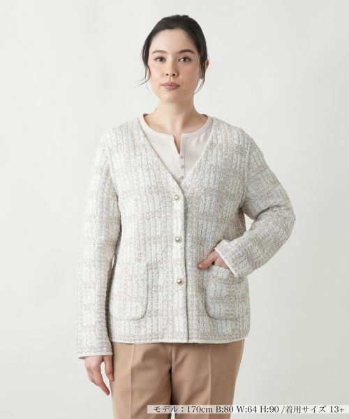 Leilian PLUS HOUSE/レリアンプラスハウス 【店舗人気】Vネックニットジャケット ベージュ 13+ Leilian PLUS HOUSE/レリアンプラスハウス 【店舗人気】Vネックニットジャケット ベージュ 13+