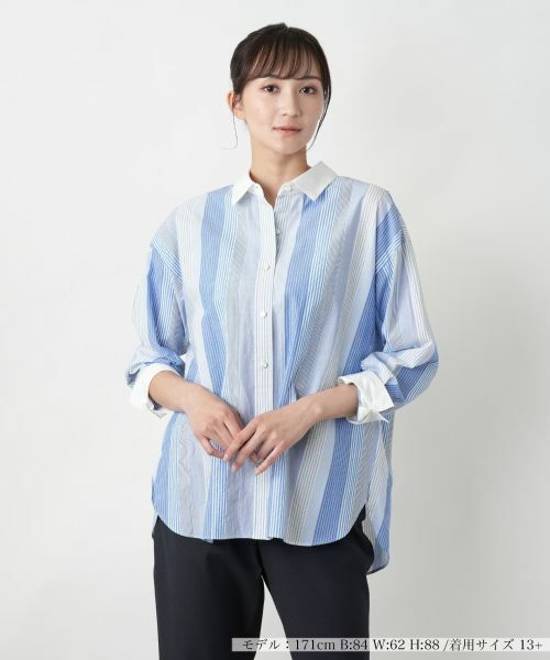 Leilian PLUS HOUSE/レリアンプラスハウス 【店舗人気】ストライプブラウス コバルトブルー 17+ Leilian PLUS HOUSE/レリアンプラスハウス 【店舗人気】ストライプブラウス コバルトブルー 17+