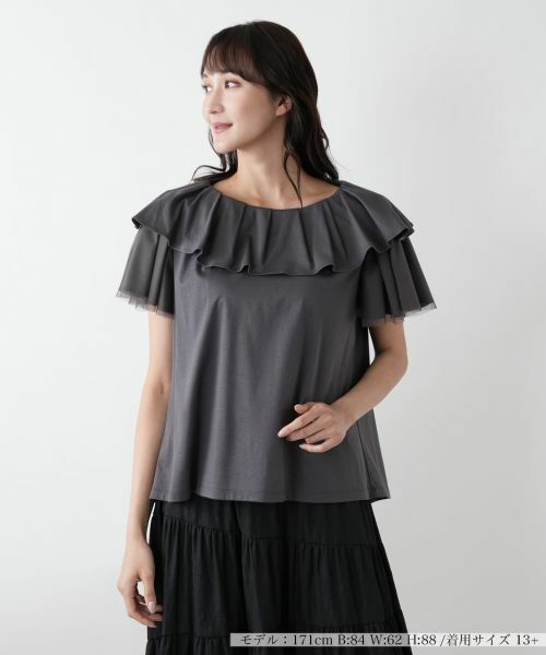 Leilian PLUS HOUSE/レリアンプラスハウス フリルカラーブラウス【プラス企画】 チャコール系 17+ Leilian PLUS HOUSE/レリアンプラスハウス フリルカラーブラウス【プラス企画】 チャコール系 17+