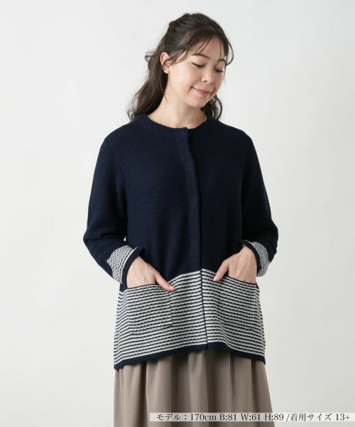 Leilian PLUS HOUSE/レリアンプラスハウス ノーカラーニットジャケット ネイビー 13+ Leilian PLUS HOUSE/レリアンプラスハウス ノーカラーニットジャケット ネイビー 13+