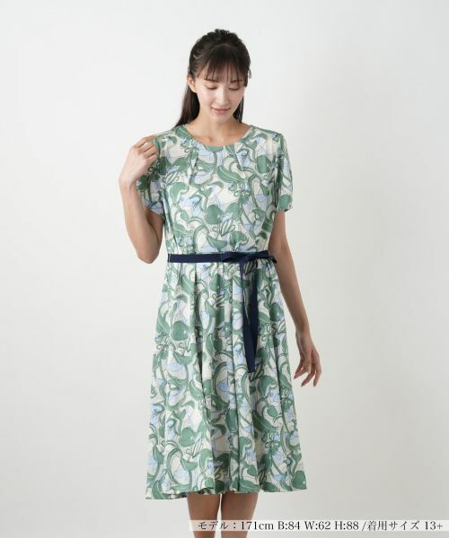 Leilian PLUS HOUSE / レリアンプラスハウス ドレス | フラワープリントフレアワンピース【Leilian WHITE LABEL】（グリーン）