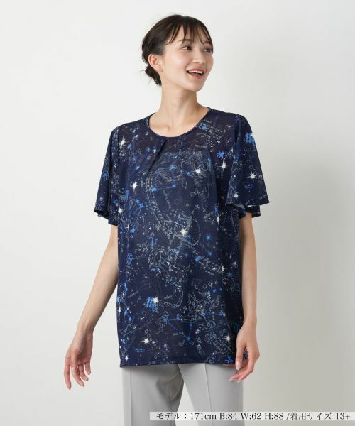 Leilian PLUS HOUSE / レリアンプラスハウス 星座柄プリント切替カットソー【Leilian WHITE LABEL】 星座柄プリント切替カットソー【Leilian WHITE LABEL】|レリアン