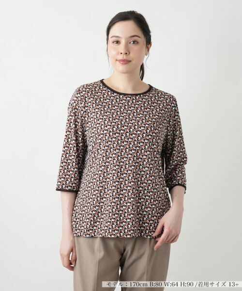 Leilian PLUS HOUSE/レリアンプラスハウス 【店舗人気】幾何学柄カットソー【Leilian WHITE LABEL】 オレンジ系 17+ Leilian PLUS HOUSE/レリアンプラスハウス 【店舗人気】幾何学柄カットソー【Leilian WHITE LABEL】 オレンジ系 17+
