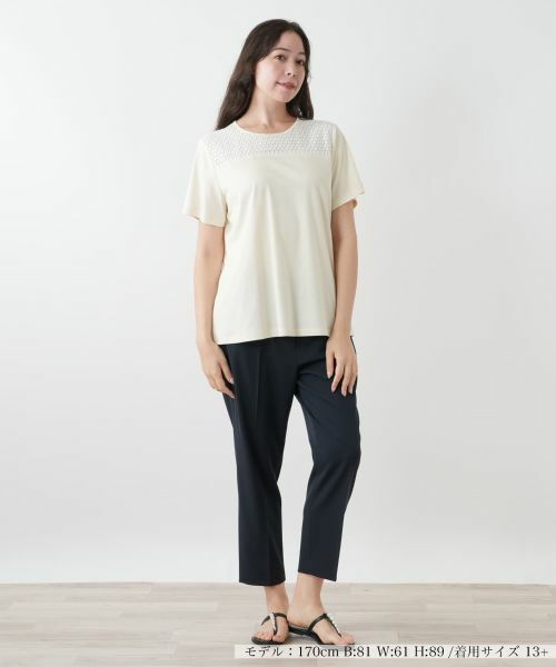 タグ付 レリアン Leilian 半袖 カットソー レース 切替 13+ レース切替カットソー【Leilian WHITE LABEL】|レリアン プラス