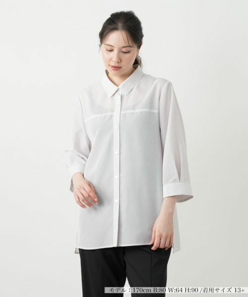 Leilian PLUS HOUSE/レリアンプラスハウス シアーストライプブラウス【Leilian WHITE LABEL】 ライトベージュ 13+ Leilian PLUS HOUSE/レリアンプラスハウス シアーストライプブラウス【Leilian WHITE LABEL】 ライトベージュ 13+