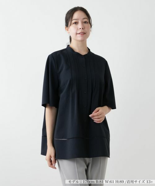 Leilian PLUS HOUSE/レリアンプラスハウス ピンタックブラウス【Leilian WHITE LABEL】 ネイビー 17+