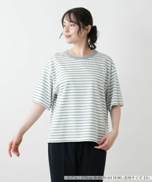 Leilian PLUS HOUSE/レリアンプラスハウス ボーダーカットソー【Leilian WHITE LABEL】 グリーン 17+ Leilian PLUS HOUSE/レリアンプラスハウス ボーダーカットソー【Leilian WHITE LABEL】 グリーン 17+