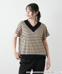 Leilian PLUS HOUSE / レリアンプラスハウス カットソー | ボーダー切替Vネックカットソー【Leilian WHITE LABEL】