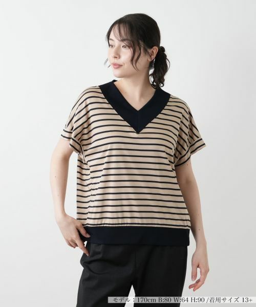Leilian PLUS HOUSE/レリアンプラスハウス ボーダー切替Vネックカットソー【Leilian WHITE LABEL】 キャメル 13+ Leilian PLUS HOUSE/レリアンプラスハウス ボーダー切替Vネックカットソー【Leilian WHITE LABEL】 キャメル 13+