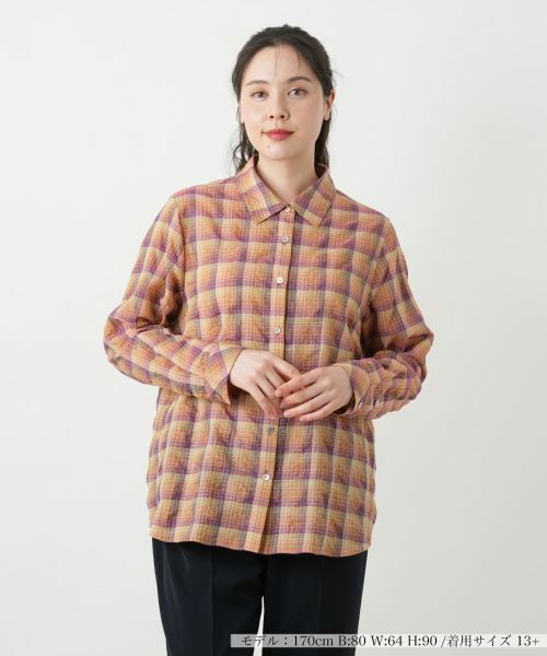 Leilian PLUS HOUSE/レリアンプラスハウス チェックブラウス【Leilian WHITE LABEL】 オレンジ系 13+ Leilian PLUS HOUSE/レリアンプラスハウス チェックブラウス【Leilian WHITE LABEL】 オレンジ系 13+