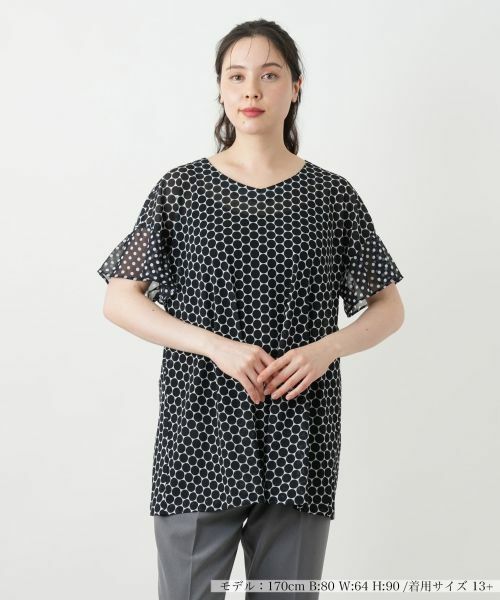 Leilian PLUS HOUSE/レリアンプラスハウス ドット切替Vネックカットソー ネイビー 13+ Leilian PLUS HOUSE/レリアンプラスハウス ドット切替Vネックカットソー ネイビー 13+