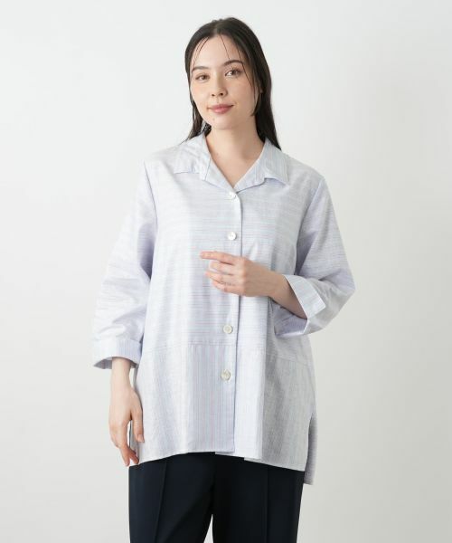 Leilian PLUS HOUSE / レリアンプラスハウス シャツ・ブラウス | ボーダーオープンカラーブラウス【Leilian WHITE LABEL】 | 詳細4