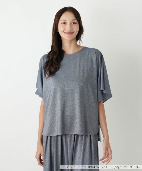 Leilian PLUS HOUSE/レリアンプラスハウス ラメタックスリーブカットソー ブルー系 13+ Leilian PLUS HOUSE/レリアンプラスハウス ラメタックスリーブカットソー ブルー系 13+