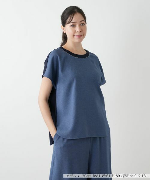 Leilian PLUS HOUSE/レリアンプラスハウス 異素材切替カットソー ブルー系 13+ Leilian PLUS HOUSE/レリアンプラスハウス 異素材切替カットソー ブルー系 13+