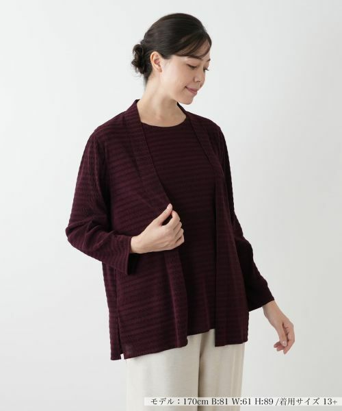 Leilian PLUS HOUSE/レリアンプラスハウス ボーダー羽織ブラウス【Leilian WHITE LABEL】 ボルドー 17+