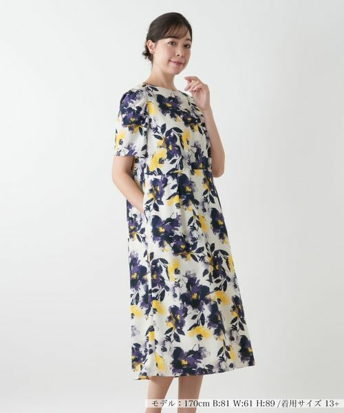 Leilian PLUS HOUSE/レリアンプラスハウス 花柄フレアワンピース【Leilian WHITE LABEL】 マスタード 13+ Leilian PLUS HOUSE/レリアンプラスハウス 花柄フレアワンピース【Leilian WHITE LABEL】 マスタード 13+