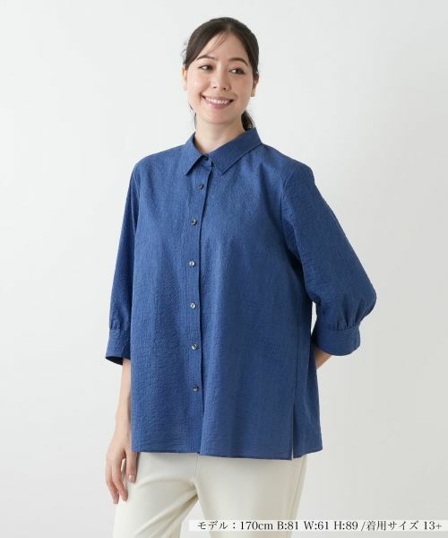 Leilian PLUS HOUSE/レリアンプラスハウス 【店舗人気】七分袖ブラウス【Leilian WHITE LABEL】 ブルー系 17+ Leilian PLUS HOUSE/レリアンプラスハウス 【店舗人気】七分袖ブラウス【Leilian WHITE LABEL】 ブルー系 17+