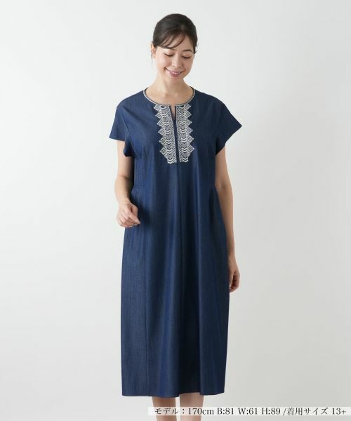 Leilian PLUS HOUSE/レリアンプラスハウス 刺繍フレアワンピース【プラス企画】 ブルー系 13+ Leilian PLUS HOUSE/レリアンプラスハウス 刺繍フレアワンピース【プラス企画】 ブルー系 13+