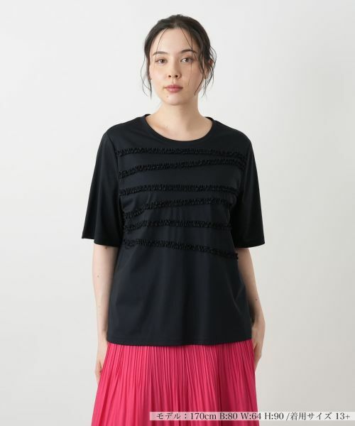 Leilian PLUS HOUSE/レリアンプラスハウス リボンボーダーカットソー【BOURGE】 ネイビー 13+ Leilian PLUS HOUSE/レリアンプラスハウス リボンボーダーカットソー【BOURGE】 ネイビー 13+