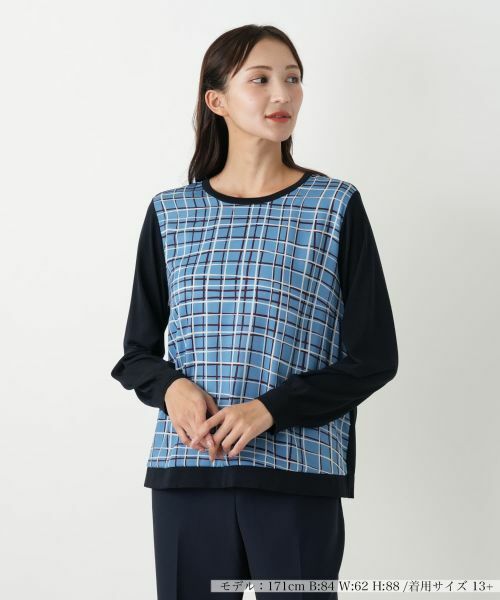 Leilian PLUS HOUSE/レリアンプラスハウス チェック切替ニット ロイヤルブルー 13+ Leilian PLUS HOUSE/レリアンプラスハウス チェック切替ニット ロイヤルブルー 13+